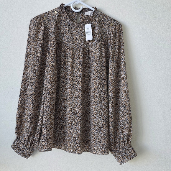 LOFT Tops - NWT LOFT Brown Floral Long Sleeve Blouse Gold Button Detail
